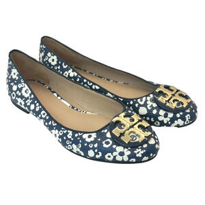 Tory Burch Claire Ballet Flat‎ Tumbled Leather Women's Sz 5.5 Navy Ivory Floral